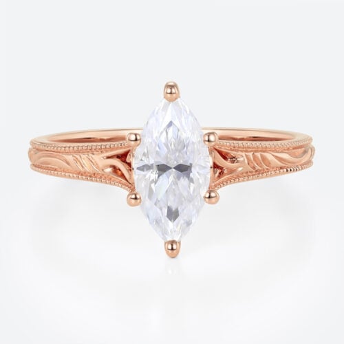 Solitaire 1ct Marquise Moissanite Promise Ring with Milgrain Detail in Rose Gold