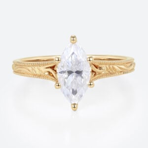 Solitaire 1ct Marquise Moissanite Promise Ring with Milgrain Detail in Yellow Gold
