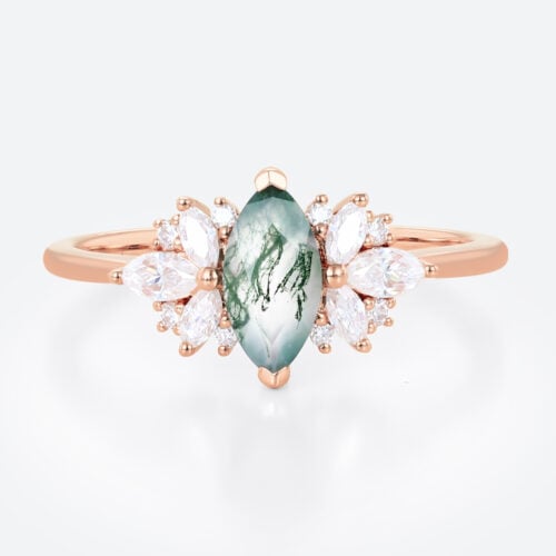Floral Marquise Cut Moss Agate Engagement Rings Cluster Bridal Ring in Rose Gold