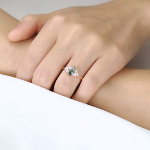 Floral Marquise Cut Moss Agate Engagement Rings Cluster Bridal Ring in Rose Gold