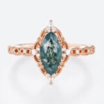 Marquise Cut Moss Agate Engagement Ring Vintage Bridal Ring in Rose Gold