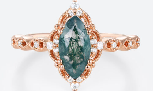 Marquise Cut Moss Agate Engagement Ring Vintage Bridal Ring in Rose Gold
