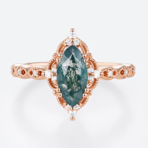 Marquise Cut Moss Agate Engagement Ring Vintage Bridal Ring in Rose Gold