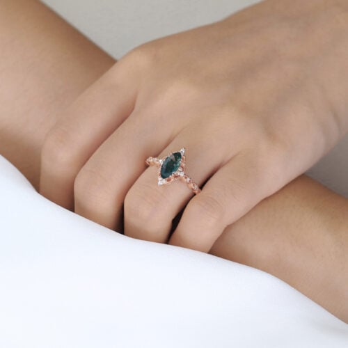Marquise Cut Moss Agate Engagement Ring Vintage Bridal Ring in Rose Gold