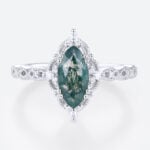 Marquise Cut Moss Agate Engagement Ring Vintage Bridal Ring in White Gold