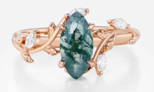 Nature Inspired Moss Agate Engagement Rings with Vine Design in Rose Gold