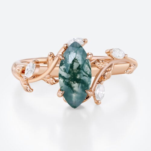 Nature Inspired Moss Agate Engagement Rings with Vine Design in Rose Gold