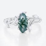 Nature Inspired Moss Agate Engagement Rings with Vine Design in White Gold