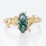 Nature Inspired Moss Agate Engagement Rings with Vine Design in Yellow Gold