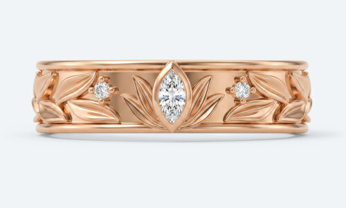 Marquise Wide Band Lab Diamond Ring with Leaf Engraved Design