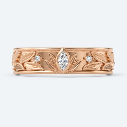 Marquise & Round Cut Lab Grown Diamond Wide Wedding Band with Leaf-Engraved Design
