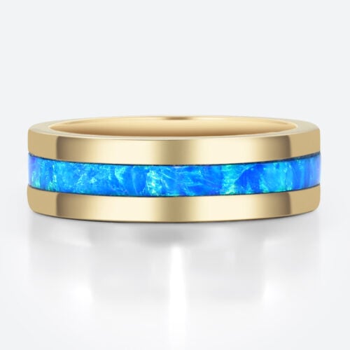 Lab Blue Opal Wide Band Modern Full Inlay with Vibrant Color Play in Yellow Gold