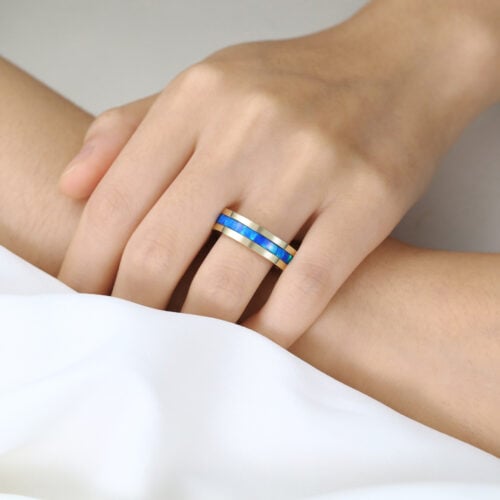 Lab Blue Opal Wide Band Modern Full Inlay with Vibrant Color Play in Yellow Gold