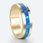 Lab Blue Opal Wide Band Modern Full Inlay with Vibrant Color Play in Yellow Gold