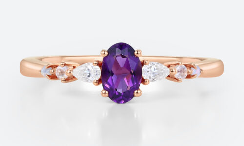 Oval Cut Amethyst Romantic Ring with Mixed Gemstone Accents in Rose Gold