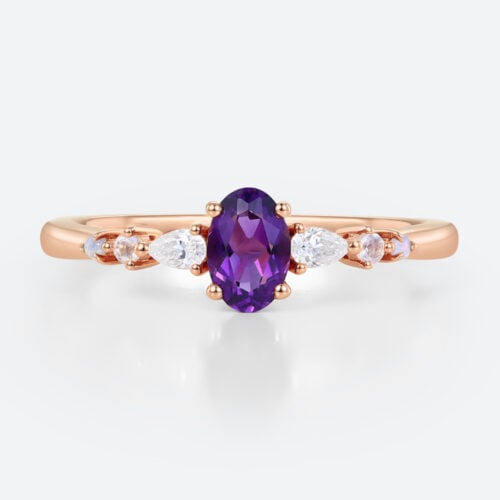 Oval Cut Amethyst Romantic Ring with Mixed Gemstone Accents in Rose Gold