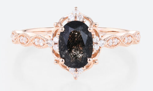 Oval Cut Black Rutilated Quartz Ring Vintage Filigree Engagement Ring in Rose Gold