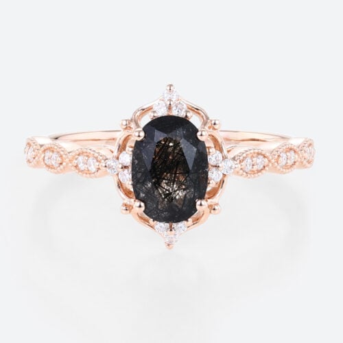 Oval Cut Black Rutilated Quartz Ring Vintage Filigree Engagement Ring in Rose Gold
