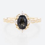 Oval Cut Black Rutilated Quartz Ring Vintage Filigree Engagement Ring in Yellow Gold