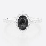Oval Cut Black Rutilated Quartz Ring Vintage Filigree Engagement Ring in White Gold