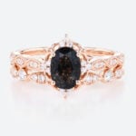 Oval Cut Black Rutilated Quartz​ Ring Set Vintage Inspired Bridal Ring Elegant Engagement Ring in Rose Gold