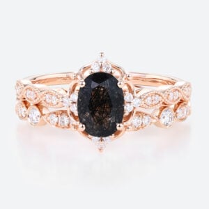 Oval Cut Black Rutilated Quartz​ Ring Set Vintage Inspired Bridal Ring Elegant Engagement Ring in Rose Gold
