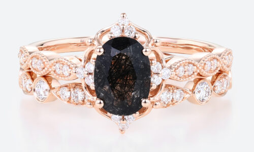 Oval Cut Black Rutilated Quartz​ Ring Set Vintage Inspired Bridal Ring Elegant Engagement Ring in Rose Gold