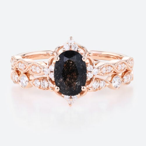 Oval Cut Black Rutilated Quartz​ Ring Set Vintage Inspired Bridal Ring Elegant Engagement Ring in Rose Gold