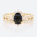 Oval Cut Black Rutilated Quartz​ Ring Set Vintage Inspired Bridal Ring Elegant Engagement Ring in Yellow Gold