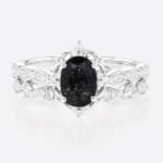 Oval Cut Black Rutilated Quartz​ Ring Set Vintage Inspired Bridal Ring Elegant Engagement Ring in White Gold