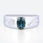 Oval Cut Green Blue Sapphire Ring Botanical Engraved Engagement Ring with Wide Band Design in White Gold