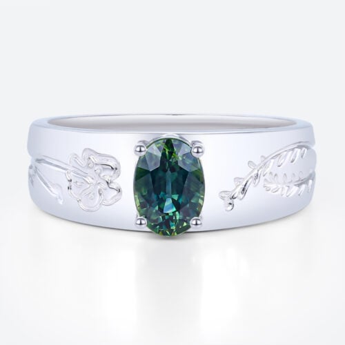 Oval Cut Green Blue Sapphire Ring Botanical Engraved Engagement Ring with Wide Band Design in White Gold