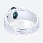 Oval Cut Green Blue Sapphire Ring Botanical Engraved Engagement Ring with Wide Band Design in White Gold