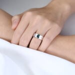 Oval Cut Green Blue Sapphire Ring Botanical Engraved Engagement Ring with Wide Band Design in White Gold