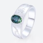 Oval Cut Green Blue Sapphire Ring Botanical Engraved Engagement Ring with Wide Band Design in White Gold