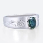 Oval Cut Green Blue Sapphire Ring Botanical Engraved Engagement Ring with Wide Band Design in White Gold
