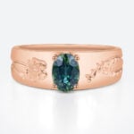 Oval Cut Green Blue Sapphire Ring Botanical Engraved Engagement Ring with Wide Band Design in Rose Gold