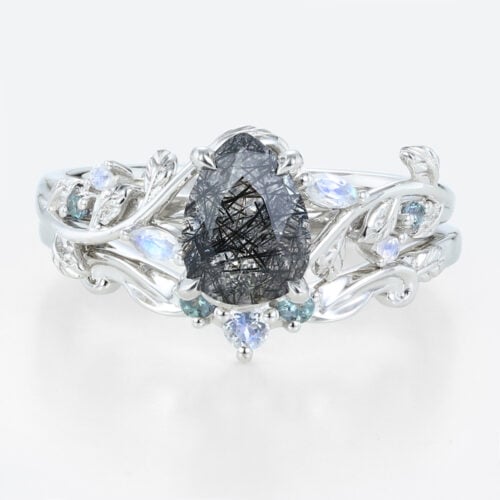 1ct Pear Cut Black Rutilated Quartz Ring Set Garden-Themed Bridal Ring Set in White Gold