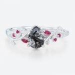 Pear Shaped Black Rutilated Quartz Botanical Ring with Ruby Accents in White Gold