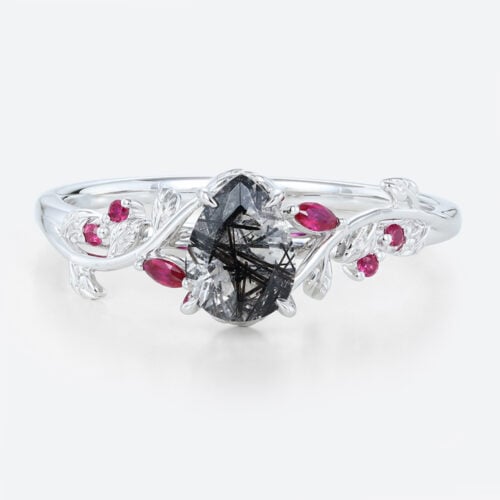 Pear Shaped Black Rutilated Quartz Botanical Ring with Ruby Accents in White Gold