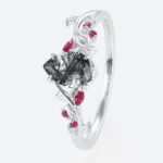 Pear Shaped Black Rutilated Quartz Botanical Ring with Ruby Accents in White Gold