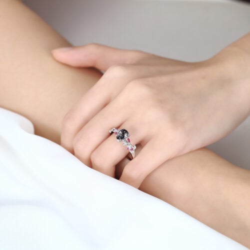 Pear Shaped Black Rutilated Quartz Botanical Ring with Ruby Accents in White Gold