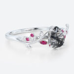 Pear Shaped Black Rutilated Quartz Botanical Ring with Ruby Accents in White Gold