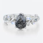 1ct Pear Shaped Black Rutilated Quartz Ring Leafy Vine Engagement Ring in White Gold