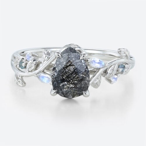 1ct Pear Shaped Black Rutilated Quartz Ring Leafy Vine Engagement Ring in White Gold