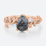 1ct Pear Shaped Black Rutilated Quartz Ring Leafy Vine Engagement Ring in Rose Gold