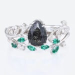 Pear Shaped Black Rutilated Quartz Nature-Inspired Bridal Ring Set with Emerald Accents in White Gold