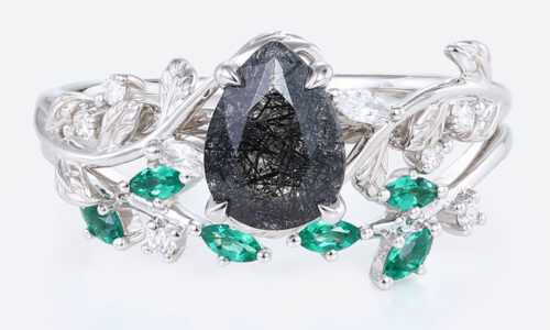 Pear Shaped Black Rutilated Quartz Nature-Inspired Bridal Ring Set with Emerald Accents in White Gold