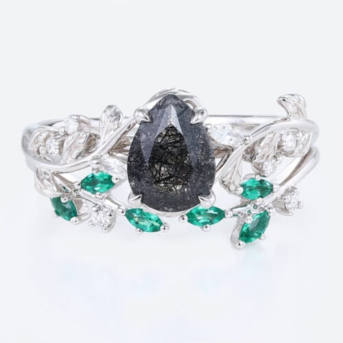 Pear Shaped Black Rutilated Quartz Nature-Inspired Bridal Ring Set with Emerald Accents in White Gold