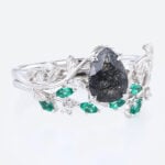 Pear Shaped Black Rutilated Quartz Nature-Inspired Bridal Ring Set with Emerald Accents in White Gold